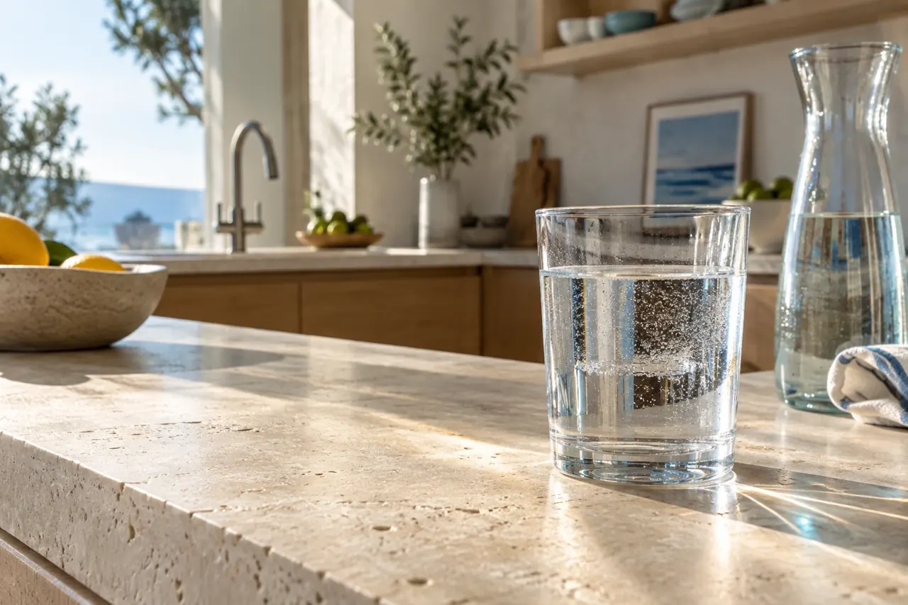 Un vaso de agua en una cocina iluminada por luz natural